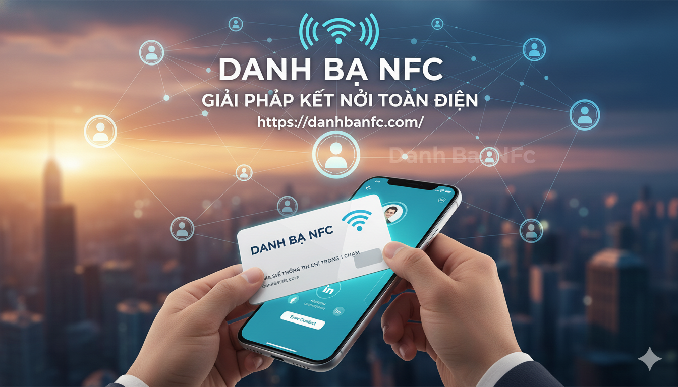 Danh Bạ NFC, thể hiện rõ giải pháp kết nối toàn diện với thẻ Danh Bạ Online chạm vào điện thoại hiển thị hồ sơ, cùng mạng lưới kết nối số hóa và địa chỉ website danhbanfc.com